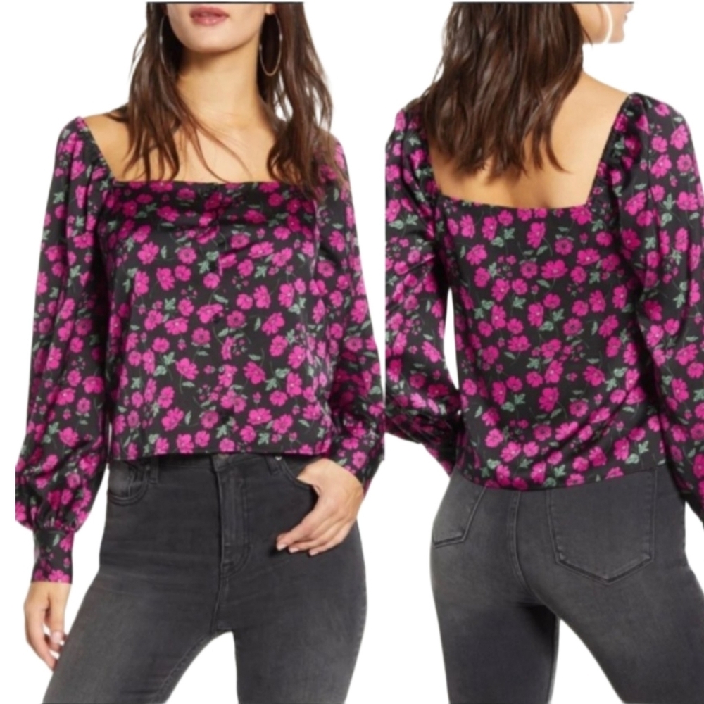 LEITH FLORAL SQUARE NECK LONG SLEEVE BUTTON DOWN CROPPED BLOUSE SIZE SMALL
